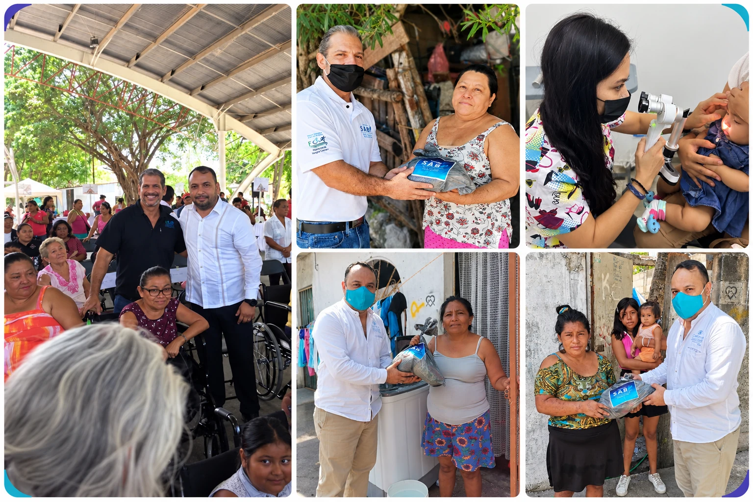 Collage de jornadas comunitarias, entrega de apoyos y atención visual infantil de Fundación SABI